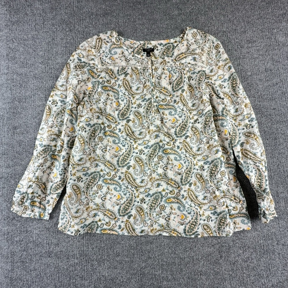 Talbots Blouse Womens Petite XLP Multicolor Paisley Crochet Henley Top